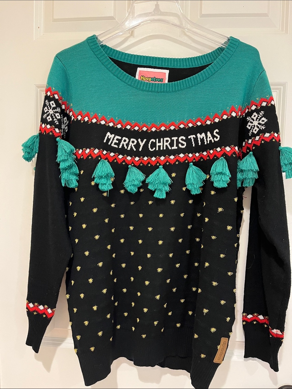 Tipsy Elves Black & Gteen Merry Christmas Tassel Holiday Sweater